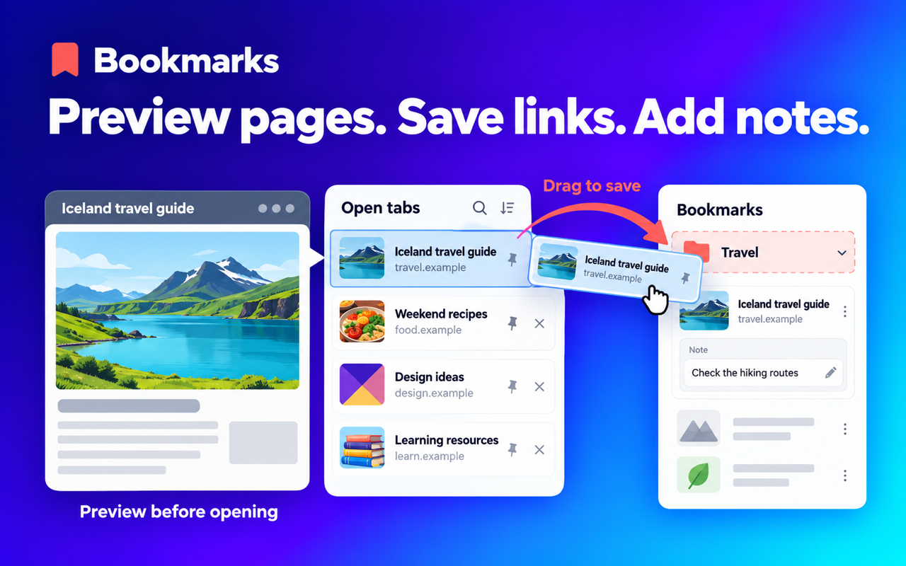 Illustrative example: preview an Iceland travel guide, drag it from Open tabs into the Travel category, and add a note to check the hiking routes.